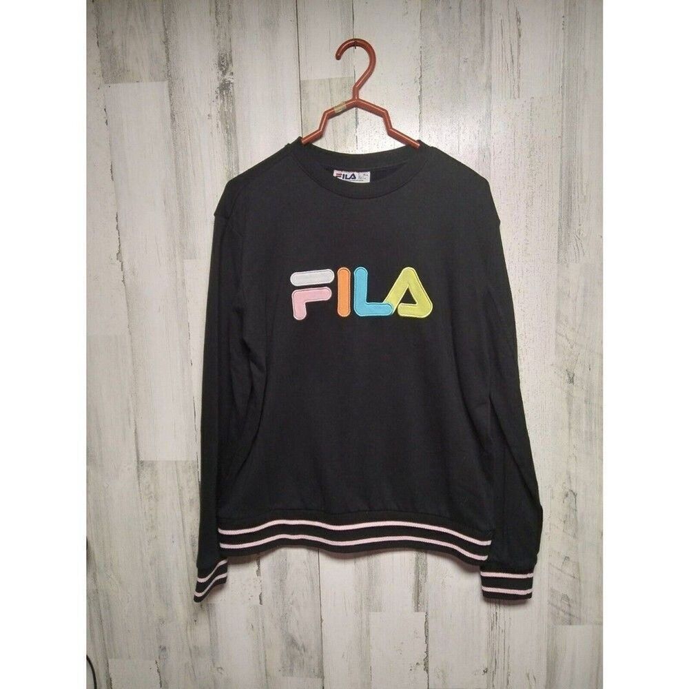FILA Black Long Sleeve Pullover Sweatshirt Pastel Spellout Women's Size …